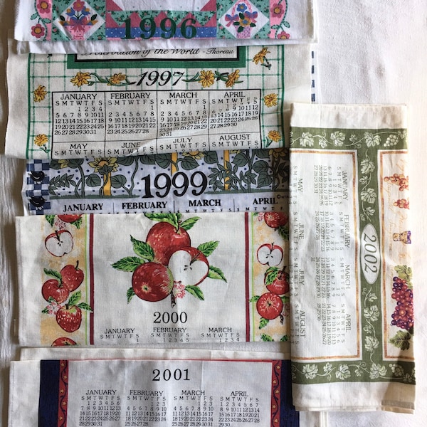 Calendar Tea Towel, Vintage, Unused, Linen, Cotton, 1996, 1997, 1999, 2000, 2001, 2002, Choose ONE