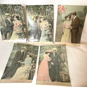 Set mit 5 französischen Postkarten, Romantisch, Paare, Ephemera, Antik, Liebe