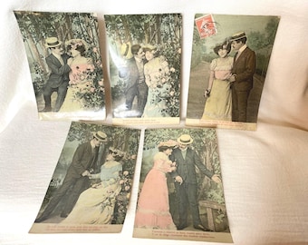 Conjunto de 5 postales francesas, románticas, parejas, efímeras, antiguas, amor