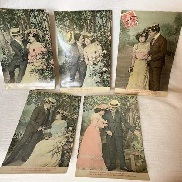 Set of 5 French Postcards, Romantic, Couples, Ephemera, Antique, Love