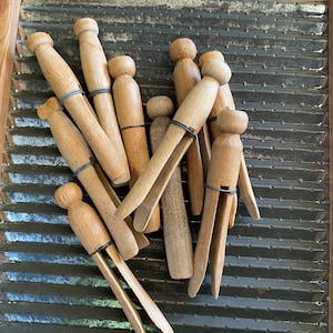10 Wood Peg Clothespins Vintage Wire Wrapped Laundry Decor Craft Supply
