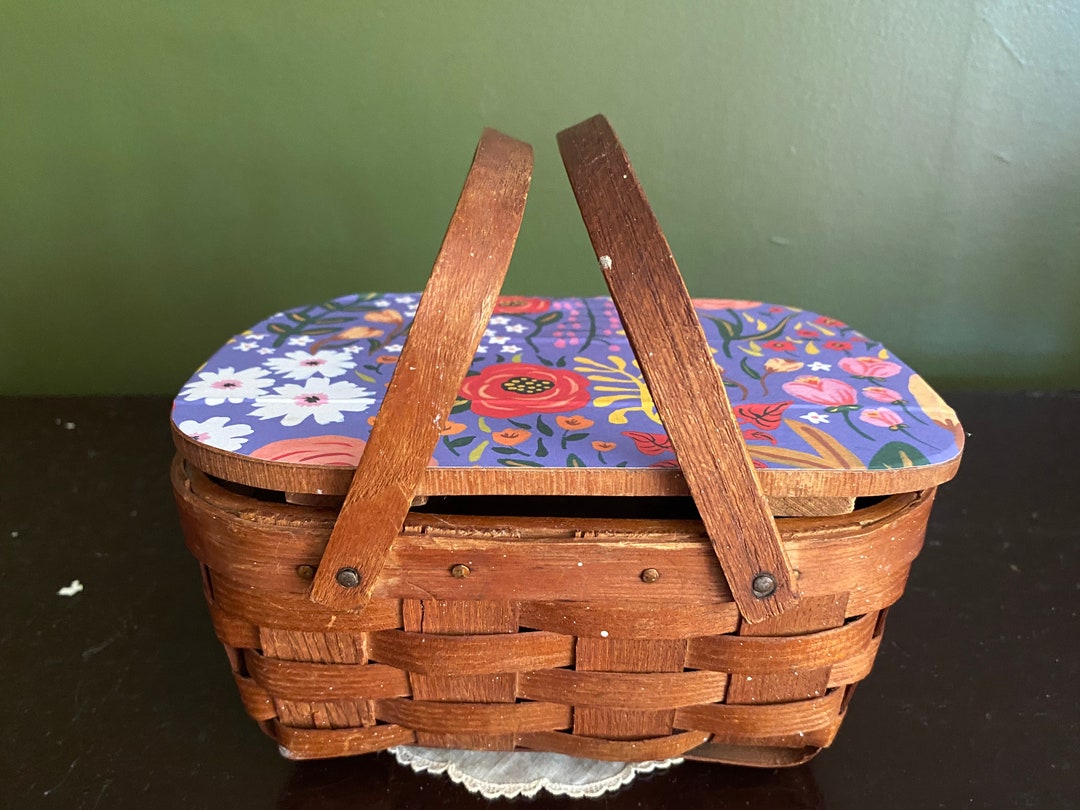 Vintage Mini Picnic Basket Decoupage Notions Basket Basket Etsy