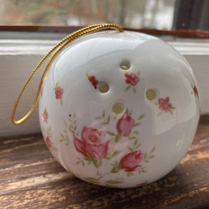 Porcelain Pomander, Pink Roses, Gold Hanging Chord, Aromatherapy, Vintage