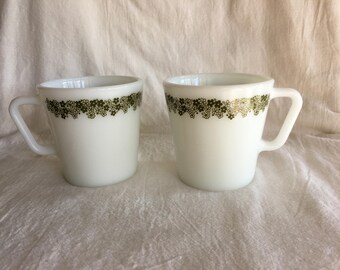 Pyrex Coffee Cups, Set of 2, Spring Blossom, Milk Glass Cups, Green Flowers, Cottage Kitchen, Farmhouse Kitchen, Vintage