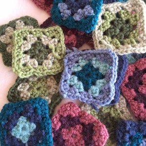 Small Granny Squares, One Dozen of Assorted Colors, Acrylic Yarn, Handmade, 2.5” Square, Jewel Tones