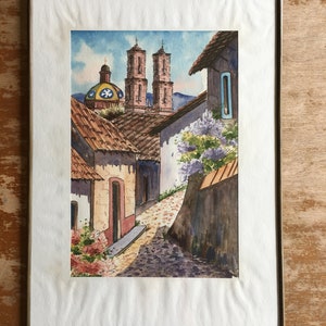 Church of Santa Prisca Watercolor, Antonio Acevedo Signed Church Painting, Sealed Brass Frame