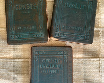 Set of 3 Miniature Classics, Novels, Antique, Little Leather Library, 1920s, Ghosts, Hamlet, City of Dreadful Night