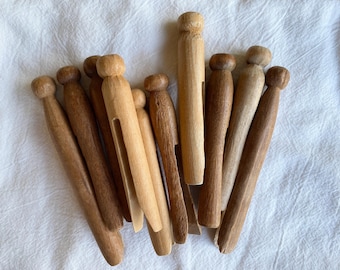 Vintage Wooden Dolly Clothespins, Laundry Accessory, Clothes Drying, Air Dry, Lot of 10