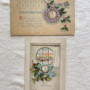 Cartoline antiche di buon anno, immagine di orologio, usate, effimere, anni '20, diario di scarto, artigianato di carta