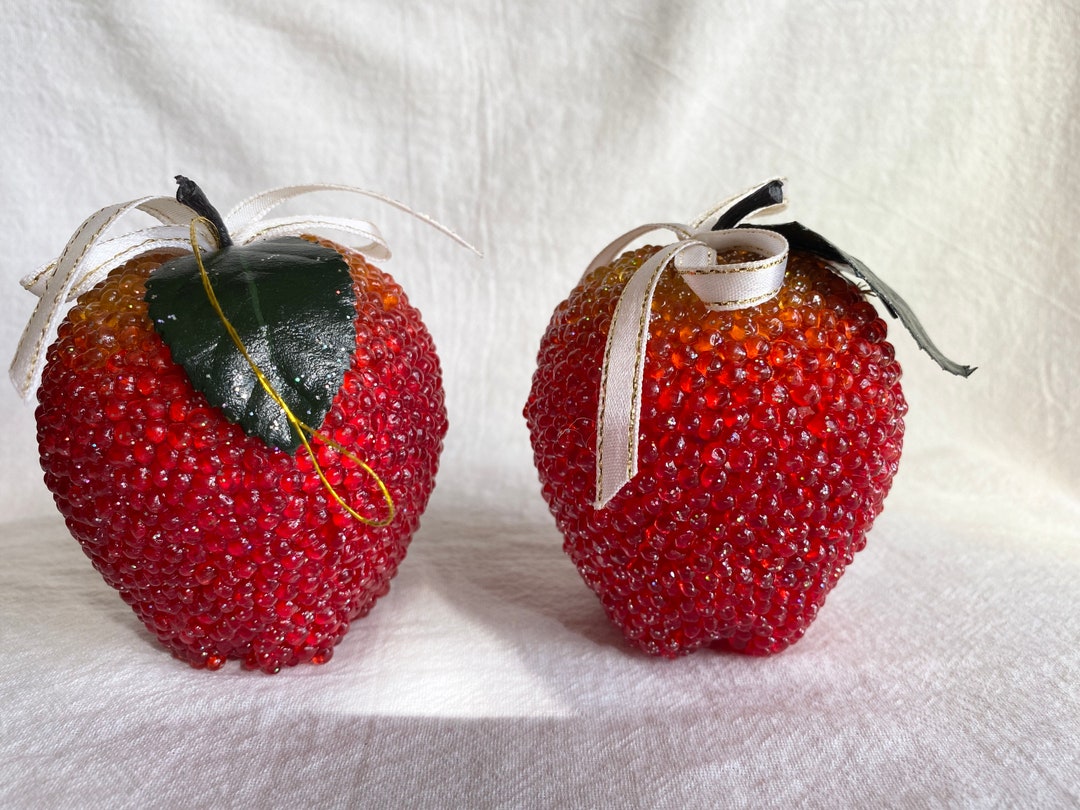 2 Beaded Apple Ornaments, Plastic Beads, Red Orange Yellow, Glitter