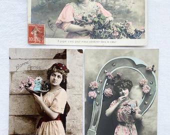 Antique French Post Cards, Set of 3, Used, Ephemera, 1900s, Bonne Année, Junk Journaling, Paper Crafts