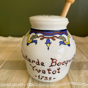 Vintage Mustard Jar, Moutarde Bocquet Yvetot, 1735, Vintage Milk Glass, with lid and spreader