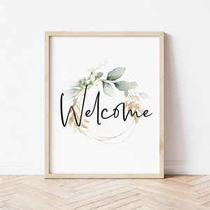 Welcome Wall Art, PRINTABLE, Farmhouse Decor, Botanical Print, Home Decor, Gold Wreath, Living Room Art, Welcome Sign, Boot Room, Leaf