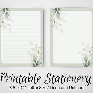 PRINTABLE Notes, Botanical Letter Writing Paper, 8.5x11, Unlined Journal Page, Lined Stationary, Writing Set, Notepaper, Penpal