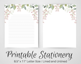 PRINTABLE Notes, Floral Letter Writing Paper, 8.5x11, Unlined Journal Page, Lined Stationary, Writing Set, Notepaper, Penpal