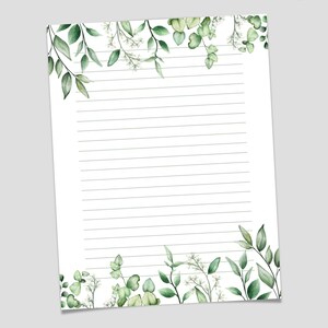 May include: White printable stationery with a green botanical design. The top of the page reads "Printable Stationery". The bottom of the page reads "8.5" x 11" Letter Size / Lined and Unlined".