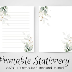 PRINTABLE Notes, Botanical Letter Writing Paper, 8.5x11, Unlined Journal Page, Lined Stationary, Writing Set, Notepaper, Penpal