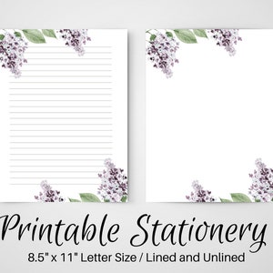 PRINTABLE Notes, Lilac Floral Letter Writing Paper, Letter Writing Set, 8.5x11, Unlined Journal Page, Lined Stationary,  Notepaper, Penpal