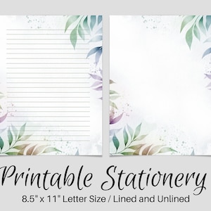 Papelería IMPRIMIBLE Notas forradas, Papel de escritura de cartas botánicas, 8.5x11, Página de diario sin líneas, Juego de escritura, Papel de notas de hojas tropicales, Amigo por correspondencia