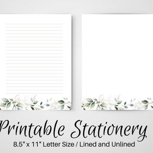 Botanical Letter Writing Paper, PRINTABLE Notes, 8.5x11, Unlined Journal Page, Lined Stationary, Writing Set, Blank Notepaper, Penpal