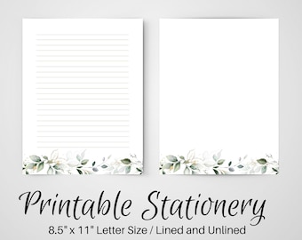 Botanical Letter Writing Paper, PRINTABLE Notes, 8.5x11, Unlined Journal Page, Lined Stationary, Writing Set, Blank Notepaper, Penpal