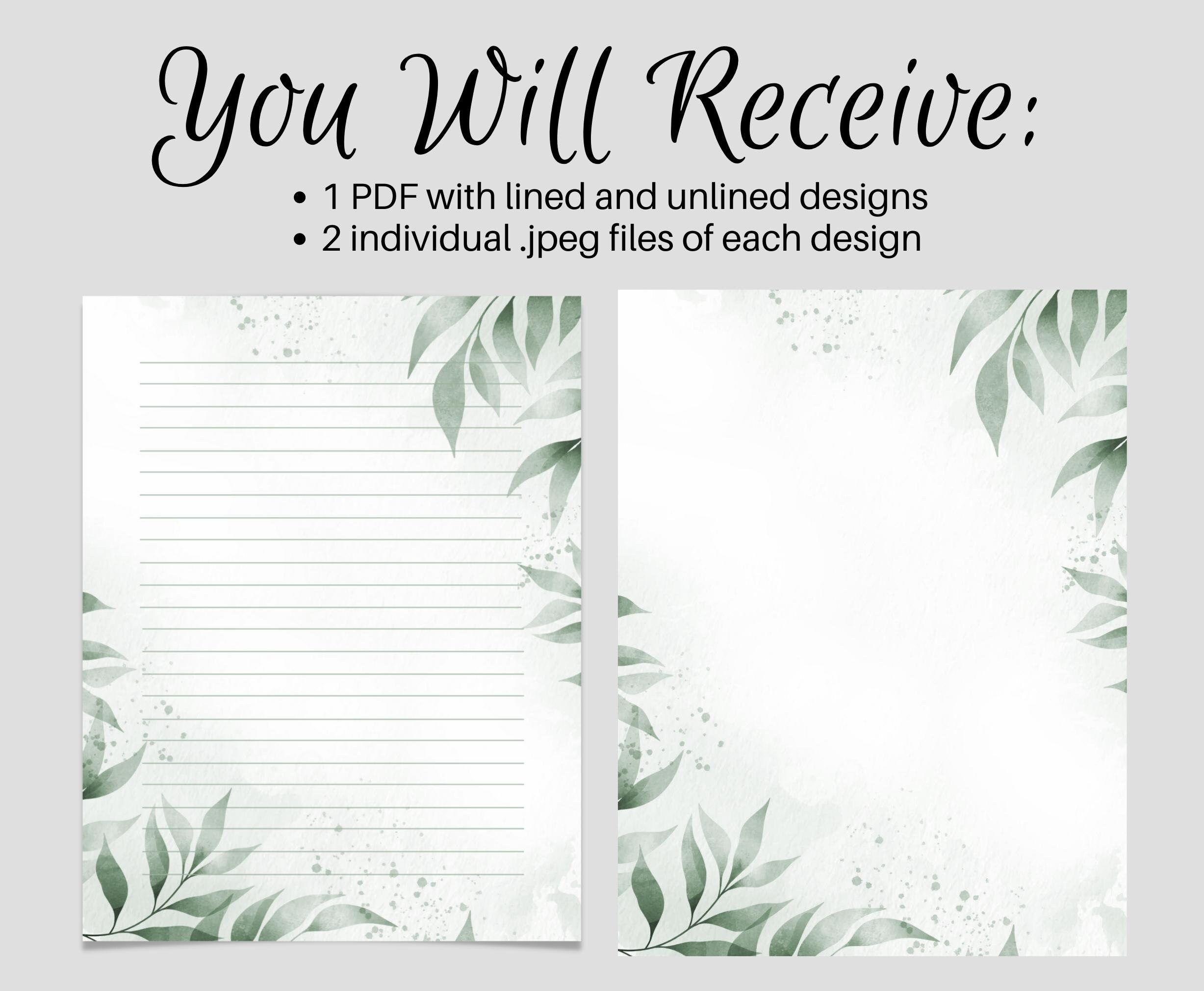 PRINTABLE Stationery Lined Notes, Botanical Letter Writing Paper, 8.5x11, Unlined Journal Page ...