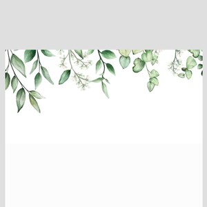 May include: Watercolor illustration of green leaves and small white flowers on a white background. The leaves vary in shape and shade, creating a natural and elegant design. Perfect for invitations, cards, or other design projects.