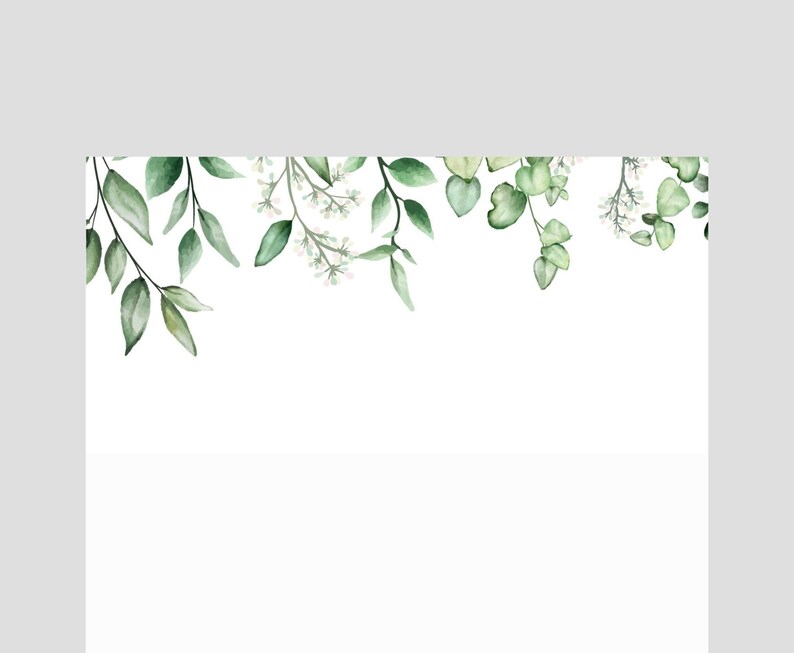 May include: Watercolor illustration of green leaves and small white flowers on a white background. The leaves vary in shape and shade, creating a natural and elegant design. Perfect for invitations, cards, or other design projects.
