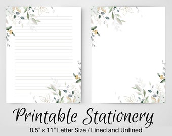 Black and White Floral Lined Paper, Printable Stationery Paper