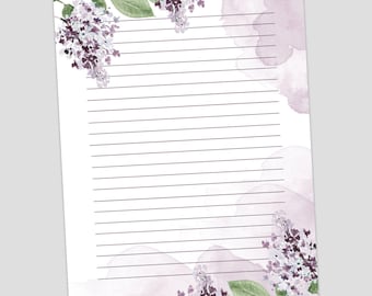 Lilac Printable Stationery – Floral Writing Paper Set, Lined and Unlined Letter Pages for Notes, Journals and Penpals