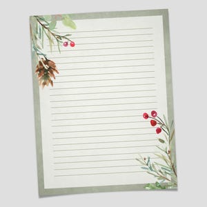Kerstmis afdrukbaar briefpapier dennenappel – winterbriefpapier, gelinieerd en ongevoerd vakantiebriefpagina&#39;s voor notities en penvrienden