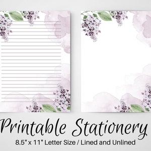 PRINTABLE Notes, Lilac Floral Letter Writing Paper, Letter Writing Set, 8.5x11, Unlined Journal Page, Lined Stationary,  Notepaper, Penpal