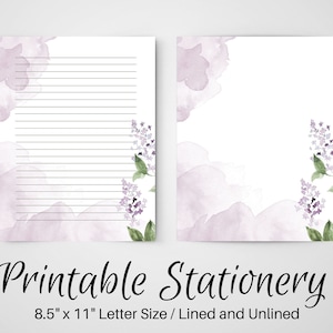 Notas imprimibles en color lila, papel para escribir cartas con motivos florales, juego para escribir cartas, 8,5 x 11, página de diario sin líneas, papelería con líneas, papel para notas en blanco