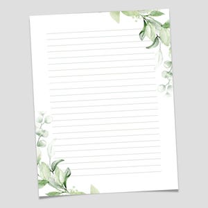 Puede incluir: Papel de carta blanco de tamaño A4 con páginas rayadas y detalles de vegetación en acuarela. La parte superior de la página dice "Printable Stationery" en una fuente de escritura. El papel mide 21,6 cm x 27,9 cm.