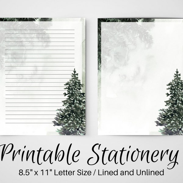 PRINTABLE Notes, Christmas Letter Writing Paper, 8.5x11, Unlined Journal Page, Lined Stationary, Writing Set, Notepaper, Penpal, Winter Tree