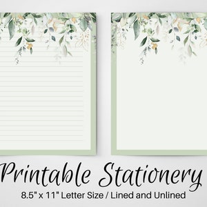 PRINTABLE Notes, Botanical Letter Writing Paper, 8.5x11, Unlined Journal Page, Lined Stationary, Writing Set, Notepaper, Penpal