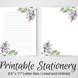Notas IMPRIMIBLES lilas, papel de escritura de cartas florales, 8.5x11, página de diario sin líneas, papelería forrada, juego de escritura, papel de notas, flores de primavera