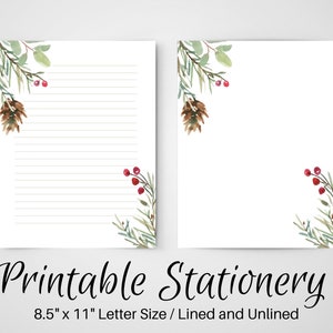 PRINTABLE Notes, Christmas Letter Writing Paper, 8.5x11, Unlined Journal Page, Lined Stationery, Writing Set, Blank Notepaper, Penpal