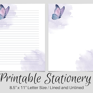 Papel de escritura imprimible mariposa púrpura, papelería IMPRIMIBLE, papelería imprimible, papel de escritura de cartas, juego de escritura, papel de notas, amigo por correspondencia