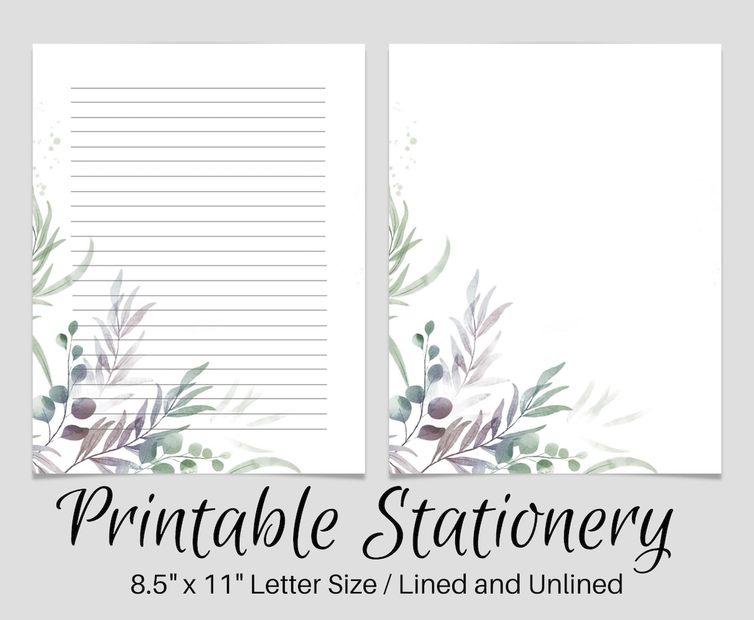 PRINTABLE Stationery Lined Notes, Botanical Letter Writing Paper, 8.5x11, Unlined Journal Page ...