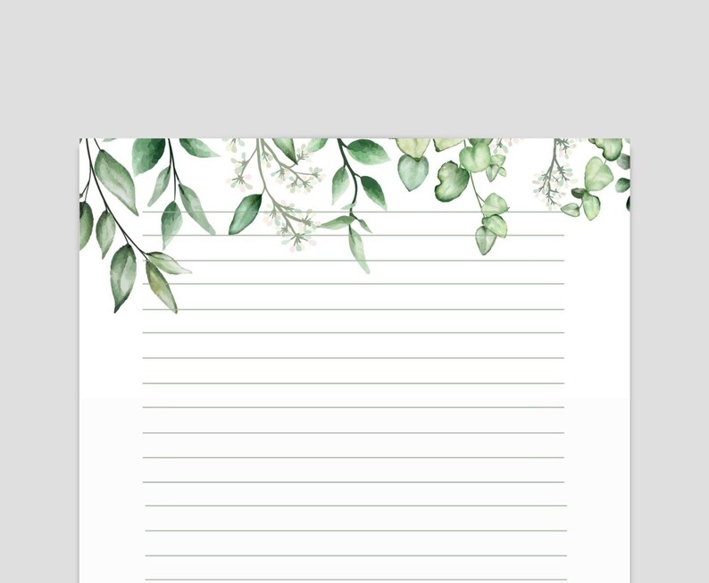 May include: White lined stationery paper with watercolor eucalyptus and other green leaves and small white flowers at the top. The leaves are in various shades of green. The lines are a light green color.