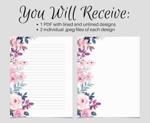 Black and White Floral Lined Paper, Printable Stationery Paper