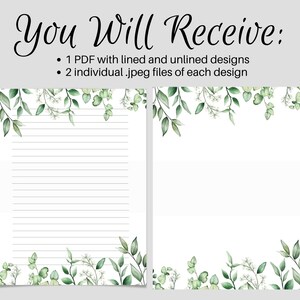 May include: Two white stationery designs with watercolor green leaves and foliage. One design has lined pages, the other is blank. The text at the top says "You Will Receive:" and lists the file types.