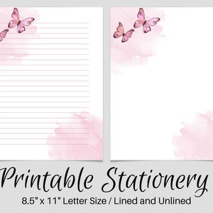 Papel de escritura imprimible mariposa rosa, papelería IMPRIMIBLE, papelería imprimible, papel de escritura de cartas, juego de escritura, papel de notas, amigo por correspondencia