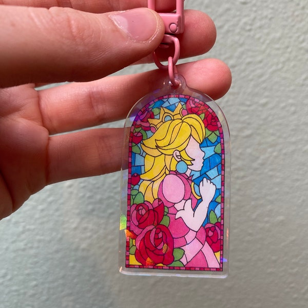 Princess Peach Stained Glass Window Holographic Keychain