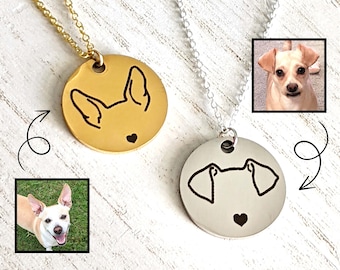 Custom Engraved Dog Ear Necklace, Personalized Dog Ear Outlines, Pet Loss Memorial Gift, Dog Mom Gift