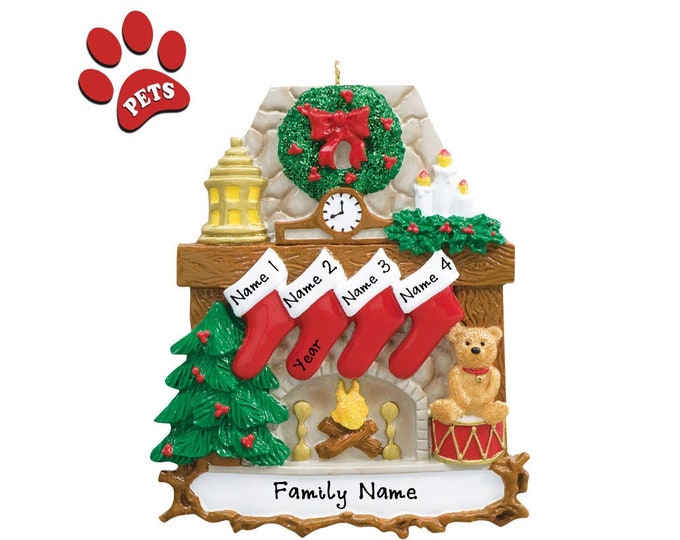 Personalized Fireplace Stockings - Family of 4 Christmas Ornament -  Family Christmas Ornament - Christmas Stocking Family of 4 Personalized