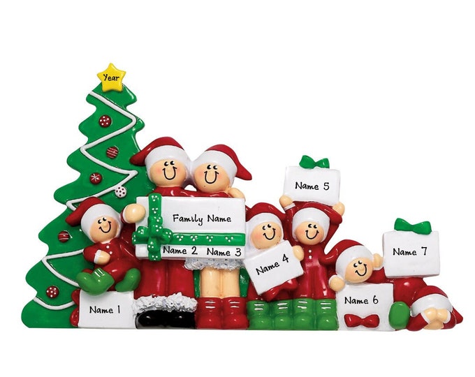 Family of 7 Opening Presents - Personalized Family Christmas Ornament - Tabletop Decor - 5 Grandkids - Personalized Gift For Grandparents