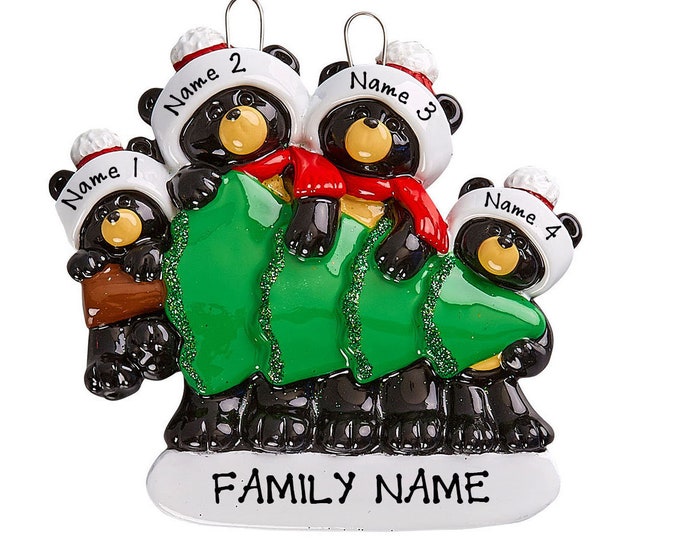 Black Bear Family of 4 Personalized Ornament - Black Bear Tree Shopping Family of 4 Christmas Ornament - Family 4 Bears Christmas Ornament
