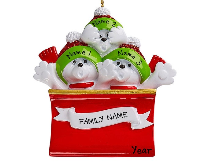 Polar Bear Family Ornament - Personalized Polar Bear on Toboggan Family of 3 Christmas Ornament - Family Personalized Christmas Ornaments